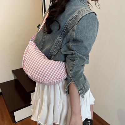 Korean Version of Casual Messenger Small Bag Women's 2025 New Plaid Dumpling Bag Fashionable Canvas Single Shoulder Armpit Bag