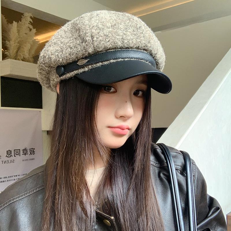 Korean Leather Brim Fashion Versatile Octagonal Hat Autumn and Winter Hat Women's Style Plus Velvet Warm Beret Temperament Newspaper Boy Hat