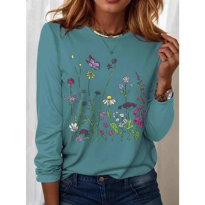 Easter Women's T shirt Long Sleeve Crew Neck Floral Graphic Plants Vintage Stylish Classic Round Neck Regular Tops