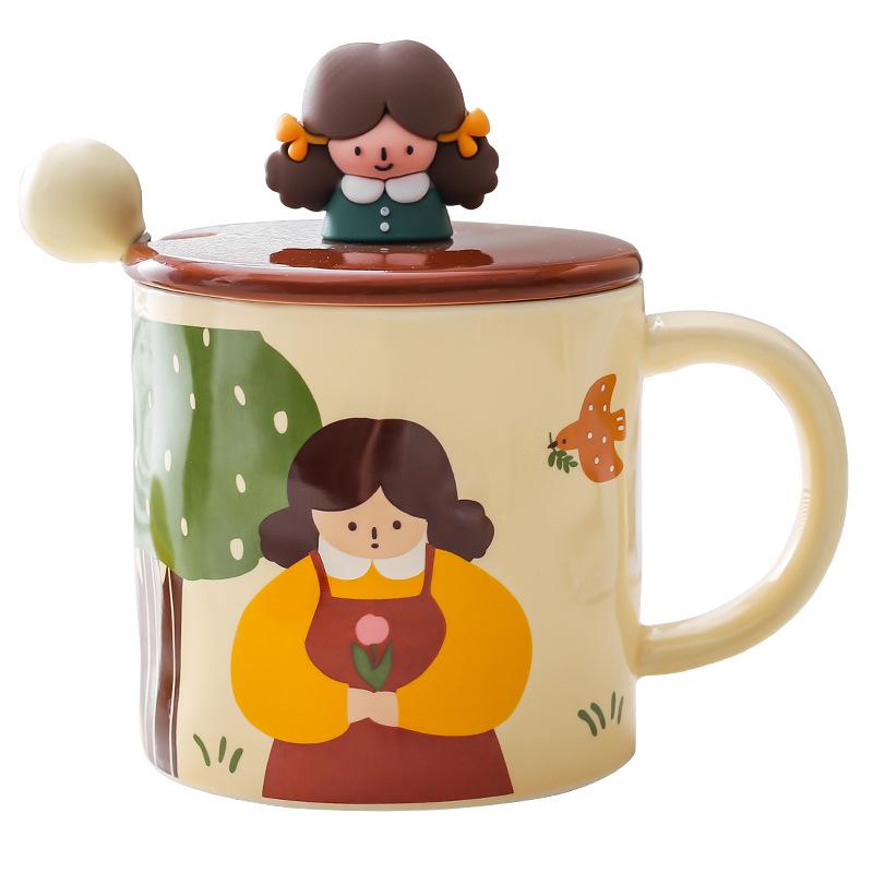 Milk Fufu Cartoon Cute Cup Girls Ceramic Mug Couple Water Cup Home Office Breakfast Cup with Lid Spoon