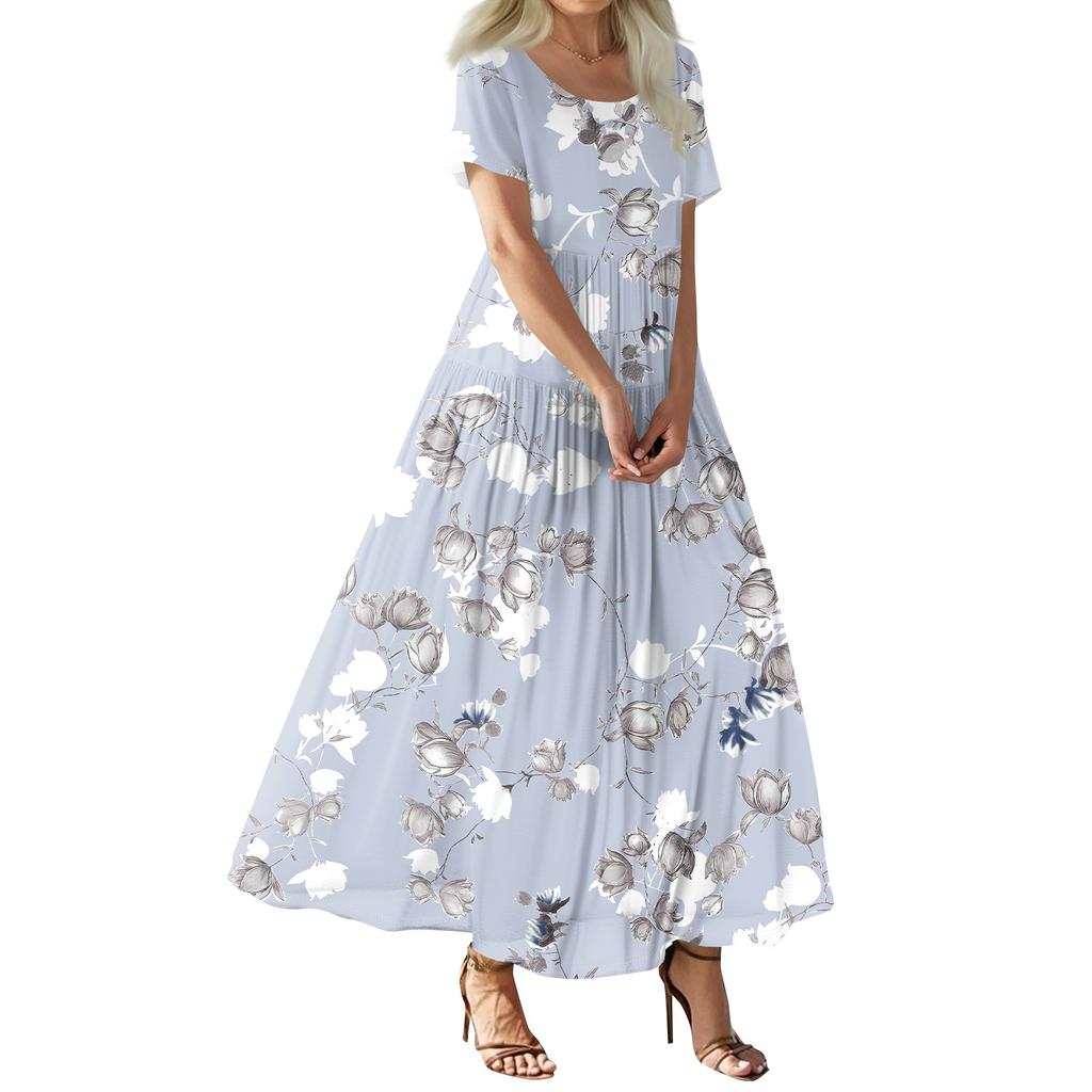 Damen Sommer Casual Blumendruck Kurzarm O-Ausschnitt Hohe Taille A-Linie Stufen Fließendes Boho Maxikleid