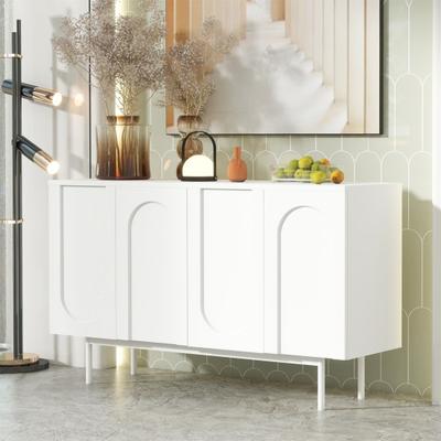 Modern Minimalist Pure White Sideboard with 4 Doors In Arched Pattern for Dining Room And Living Room (White)