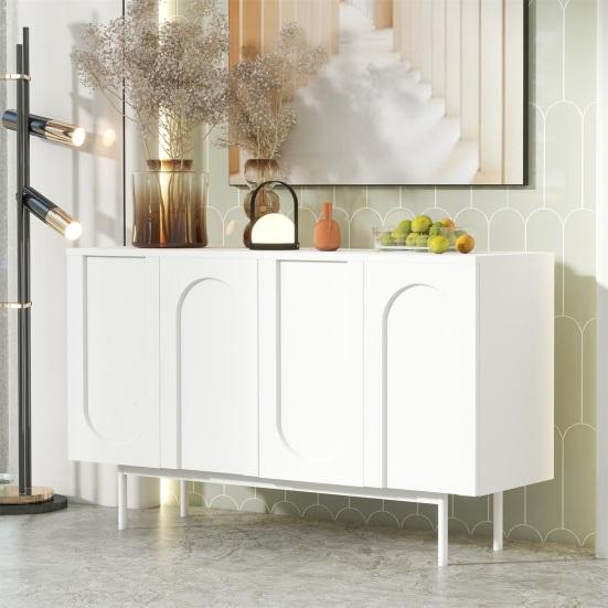 Modern Minimalist Pure White Sideboard with 4 Doors in Arched Pattern for Dining Room And Living Room (White)