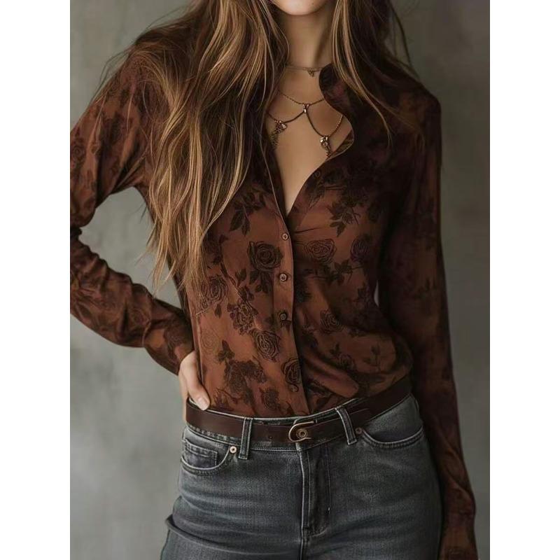 Women S Vintage Long Sleeve Floral Print Brown Shirt