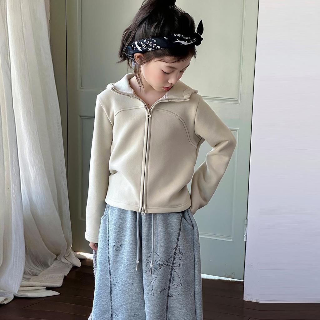 2025 Girls' Spring/Autumn Cardigan & Wide-Leg Pants Set - Hooded Casual Two-Piece Outfit