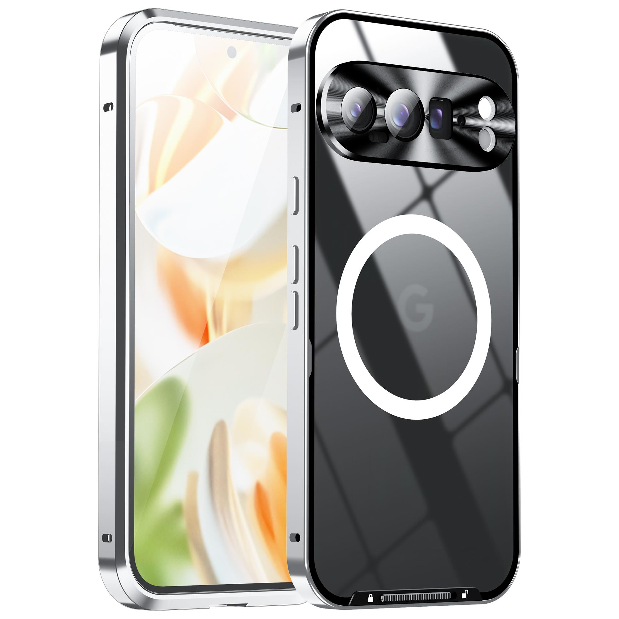 

For Google Pixel 9 Pro Case Compatible with MagSafe Metal Frame Matte Phone Cover Silver