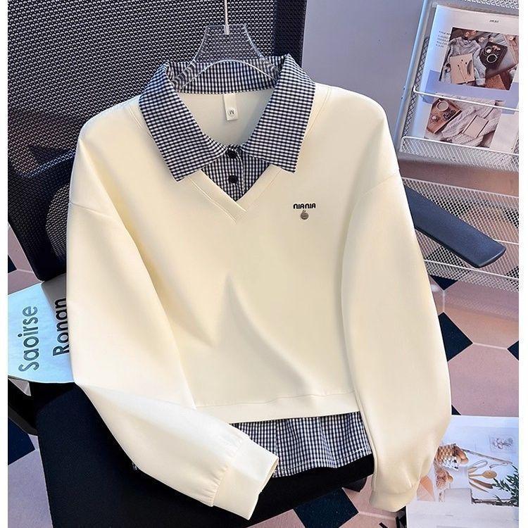 Fake Two Piece Spliced Grid Collar Hoodie for Women with Spring and Autumn Design Sense, Loose Fitting Hooded Top