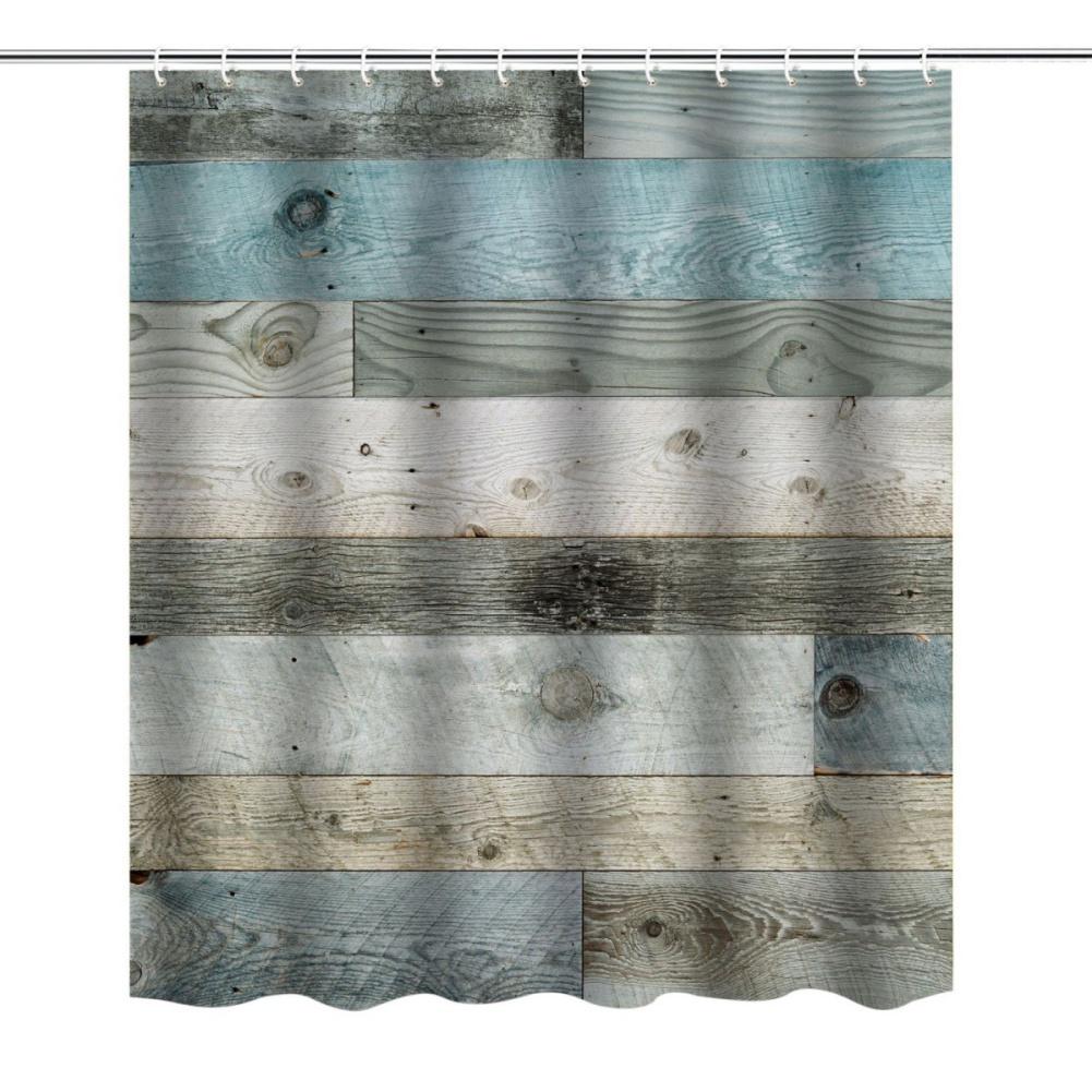 183*183cm Farmhouse Wooden Barn Door Style Shower Curtain Bathroom Curtain with Hooks