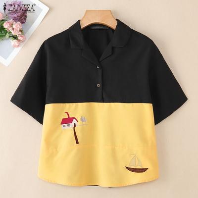 Damen Lässig Umlegekragen Sommer Kurzarm Patchwork Bluse