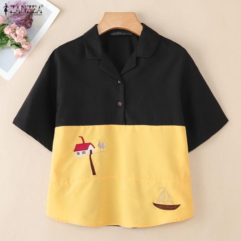 ZANZEA Women Casual Turn Down Collar Summer Short Sleeve Patchwork Blouse