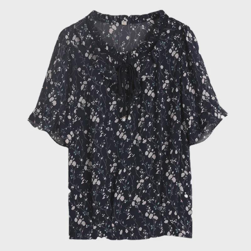 Women's Floral Chiffon Short Sleeve Top - 2023 Summer Loose Style for Moms