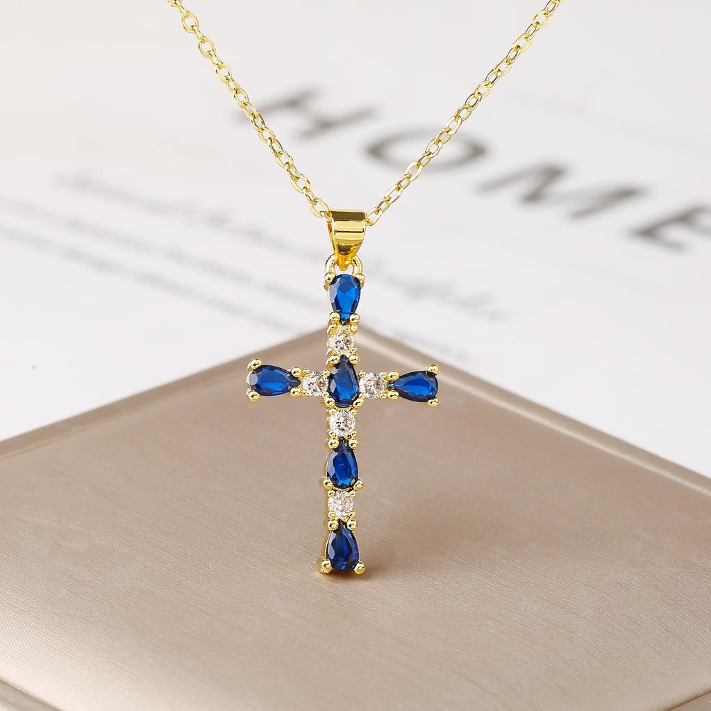 Shiny Rhinestones Cross Necklace Colorful Cubic Zirconia Pendant Christian Religious Zircon for Women Fashion Choker Gift