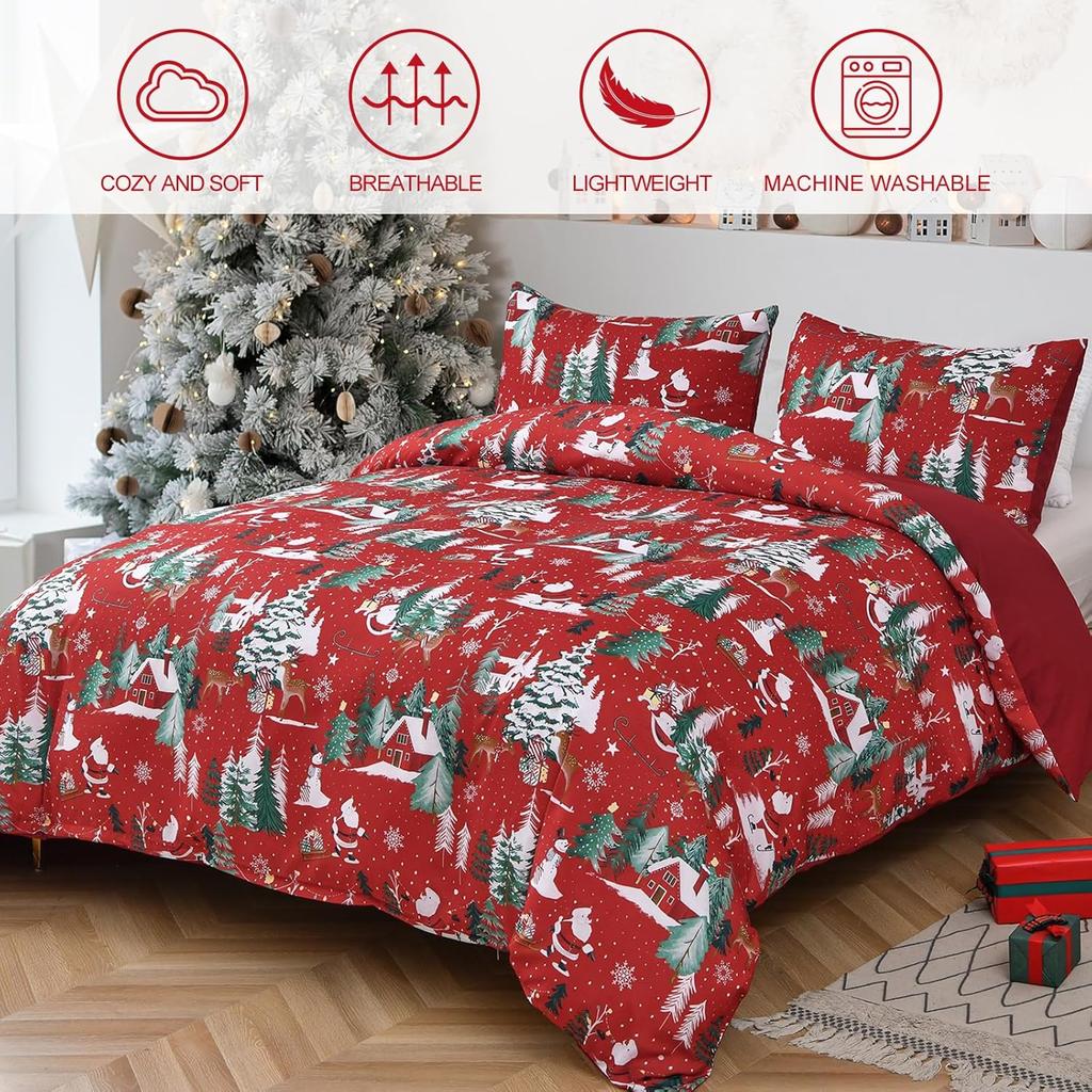 Red Merry Christmas Duvet Cover Set - Double Santa Claus & Christmas Tree Snowflake Pattern Soft Microfiber Bedding Set