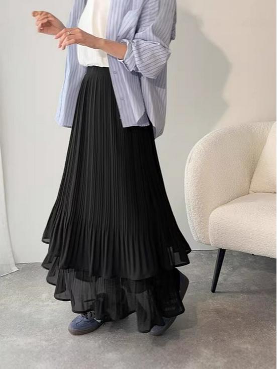 Elegant Japanese-Style Double-Layer Pleated Chiffon Skirt, Slimming and Versatile with an Elastic Waist