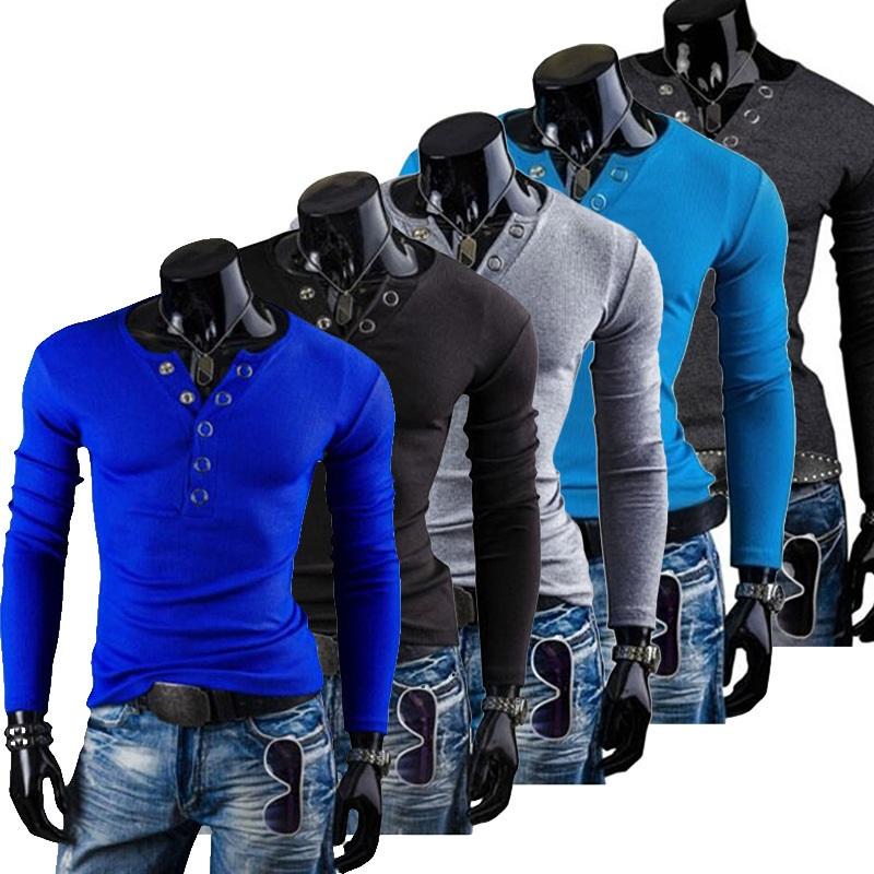 

Мужская рубашка с V-образным вырезом и пуговицами, повседневная спортивная рубашка, мужской пуловер, приталенная футболка с длинным рукавом