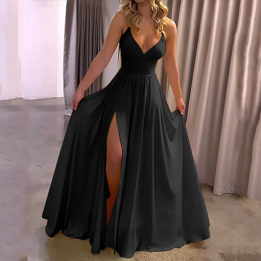 Women's Solid Color Suspender V-neck Backless  Slit Long Dress