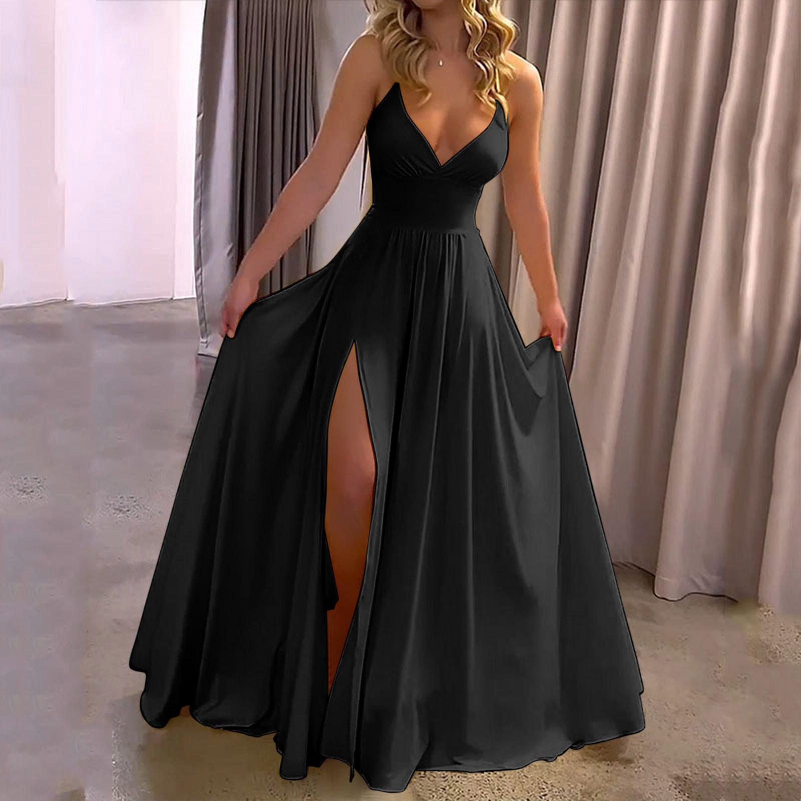 

Женское однотонное платье на бретелях с V-образным вырезом, открытой спиной и разрезом L чёрный