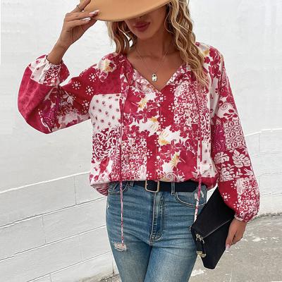 Camisa Feminina de Primavera e Outono Camisa Casual Estampada Moda Gravata Manga Bolha Manga Longa