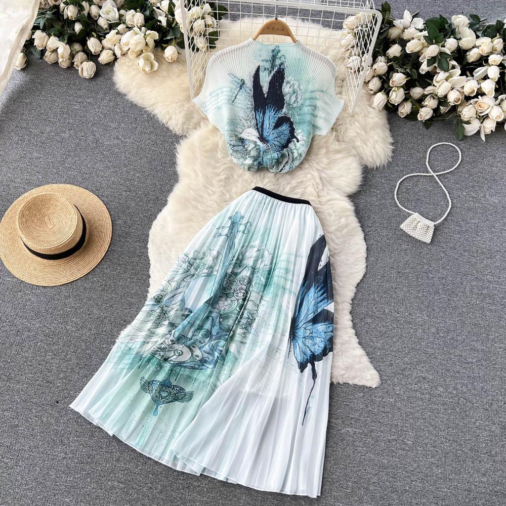 Dámský podzimní dvoudílný potištěný crop top a sukně střední délky