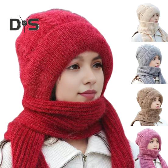 Pălărie de iarnă pentru femei cu eșarfă lungă integrată, groasă, tricotată, rezistentă la vânt, elasticitate ridicată, protecție completă, pentru călătorii în aer liber, șapcă vreme rece