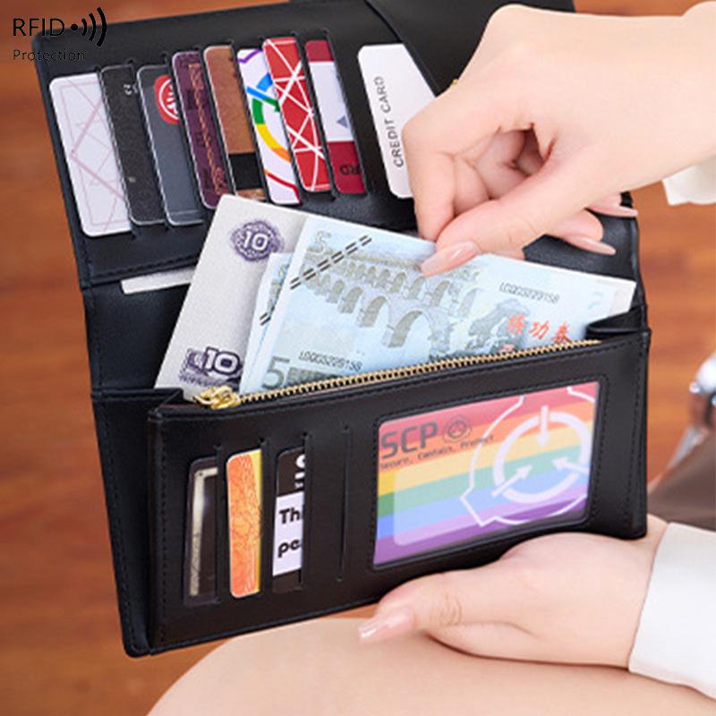 2025 RFID Anti-theft Women's Bifold Wallet with Money Clip, Korean Style, Multiple Card Slots, Long Design
