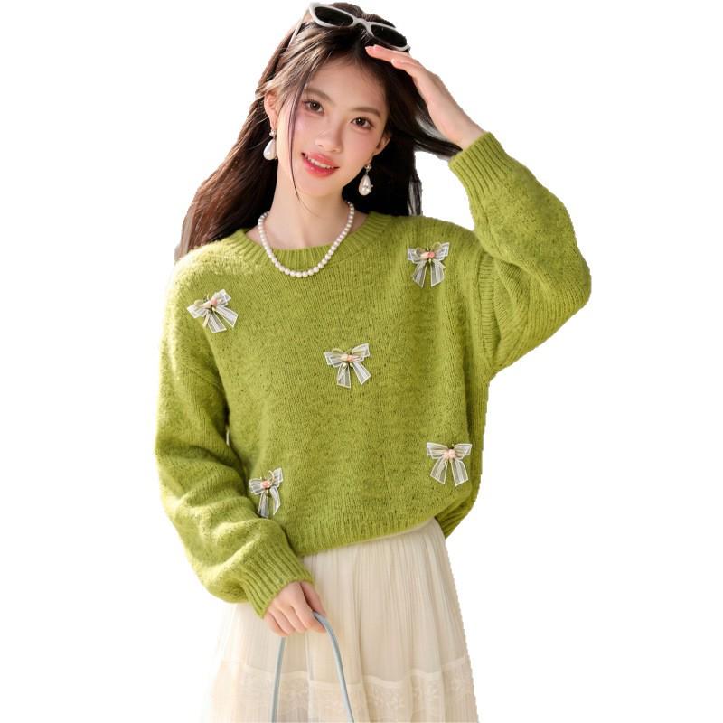 2026 Autumn Women's Versatile Knit Sweater: Round Neck, Bow Detail, Long Sleeve