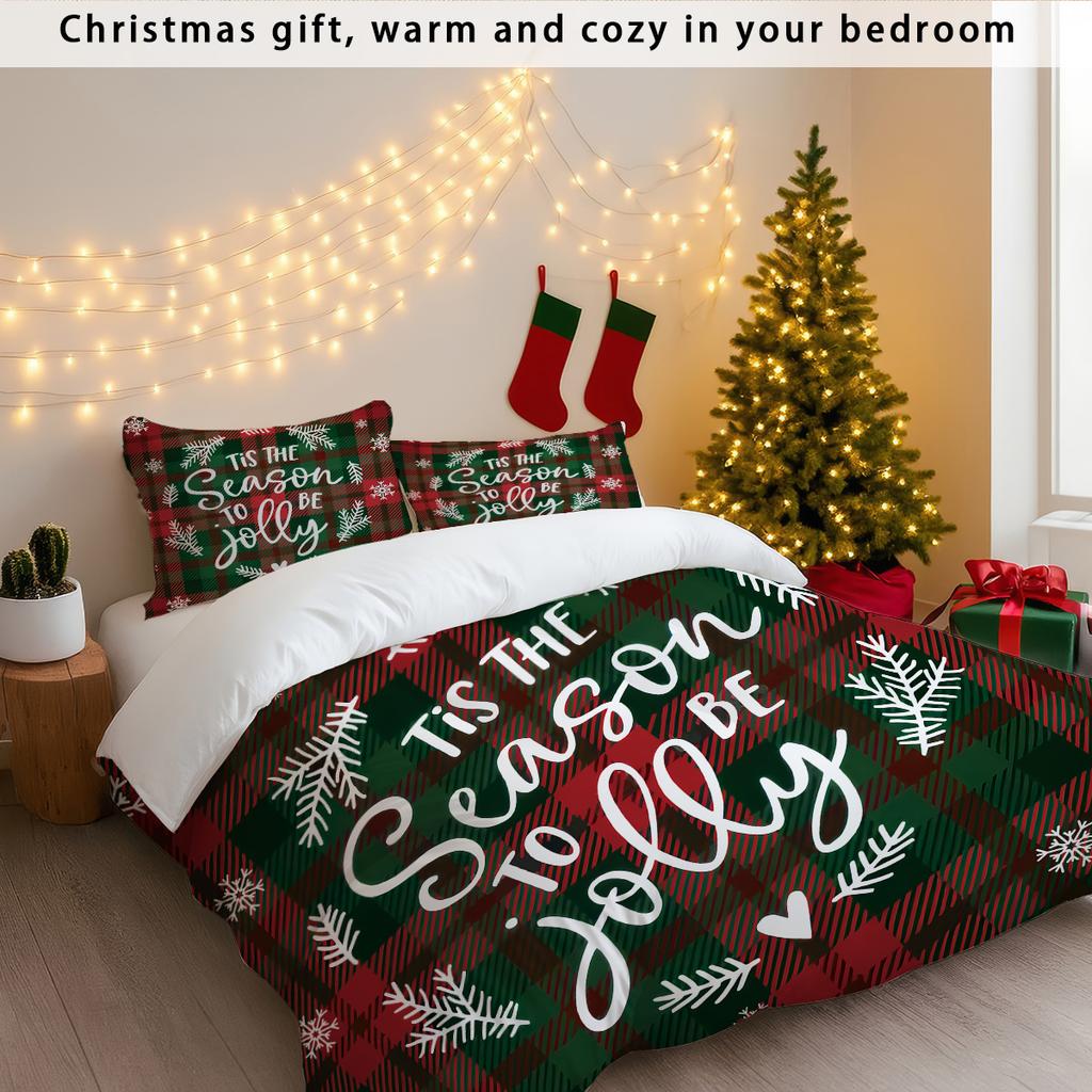 3pcs Checkered Christmas Print Coreless Bedding Set Multiple Size Bedrooms Dormitories All Season Comfortable Machine Washable