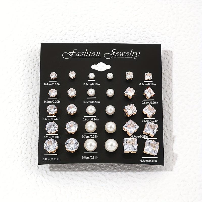 15-Pair Retro & Geometric Stud Earring Set: Pearl & Six-Claw Cubic Zirconia