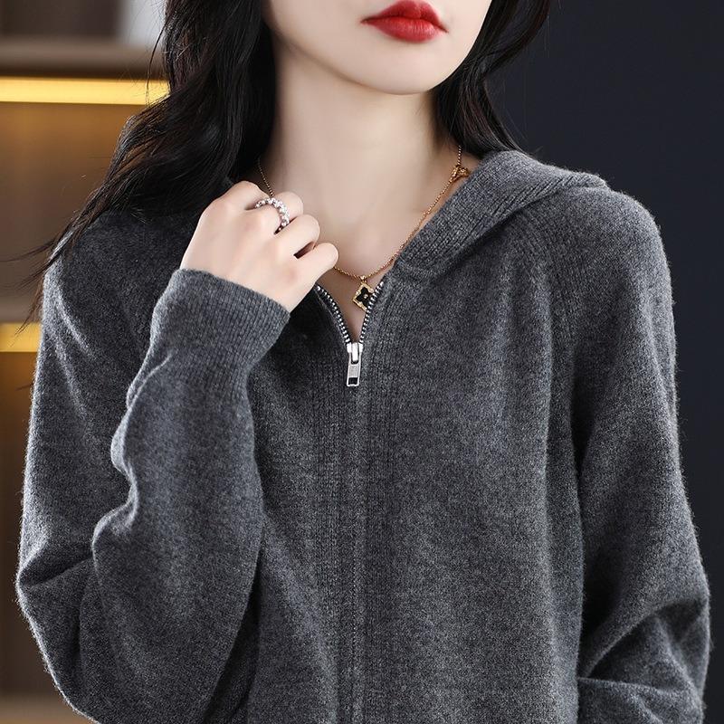 Spring New Thickened Hooded Long-sleeved Zipper Knitted Cardigan Women's Loose Solid Color Hooded Jacket Top Women's