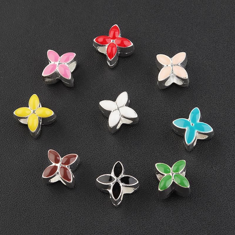 10Pcs/Lot 9.5×9.5mm Alloy Drop Oil Beads Colorful Four Petal Flower Large Hole Loose Beads For Diy Bracelet Necklace Jewelry