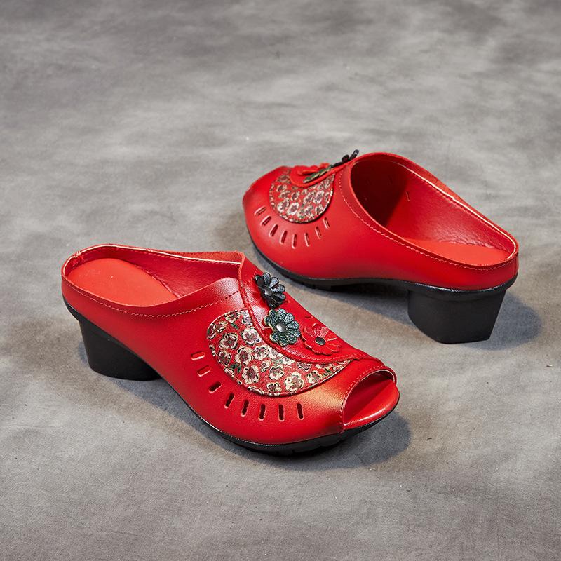 Slippers summer 2025 new first-layer cowhide thick heel soft-soled sandals outer wear ethnic style hollow breathable hole shoes