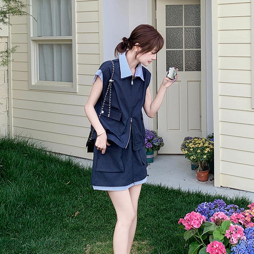 Tooling suit skirt women's summer new casual striped splicing shirt short skirt two-piece set