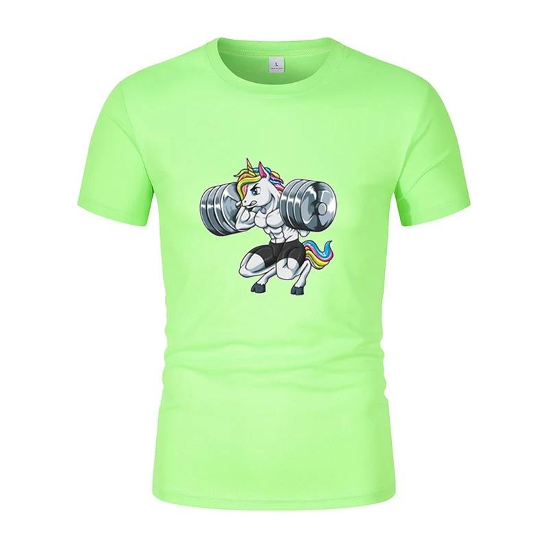 Fun Gym Unicorn Weightlifting Fitness Bodybuilding Printed Round Neck T-Shirt Summer Breathable Quick-Dryingcasual Short Sleeves
