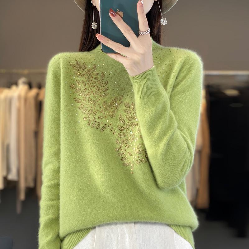 Rhinestone Wool Sweater for Women, Autumn/Winter Collection: Half-High Neck, Knitted, Long & Loose Fit.