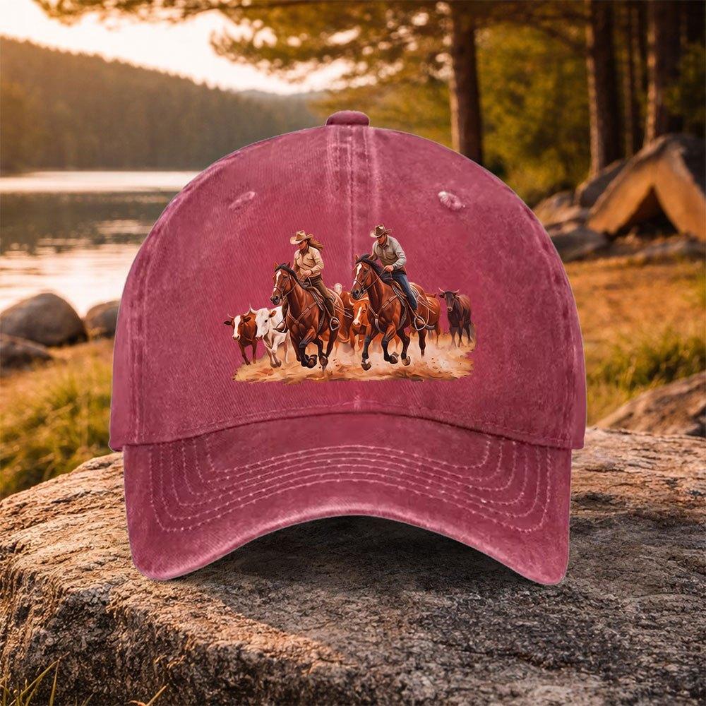 Pc Casual Versatile Western Cowboy Herding Print Washed Baseball Cap Suitable for Golf Casual Wear and Outdoor Activities G