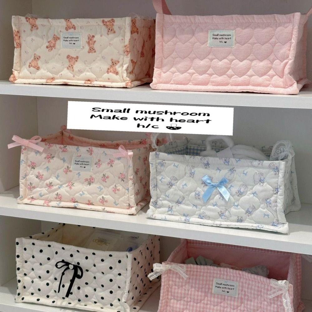 Cute Rectangle Storage Basket Cotton Large Capacity Sorting Basket Quilted Stripe Bow Desktop Storage Box Home Supplies