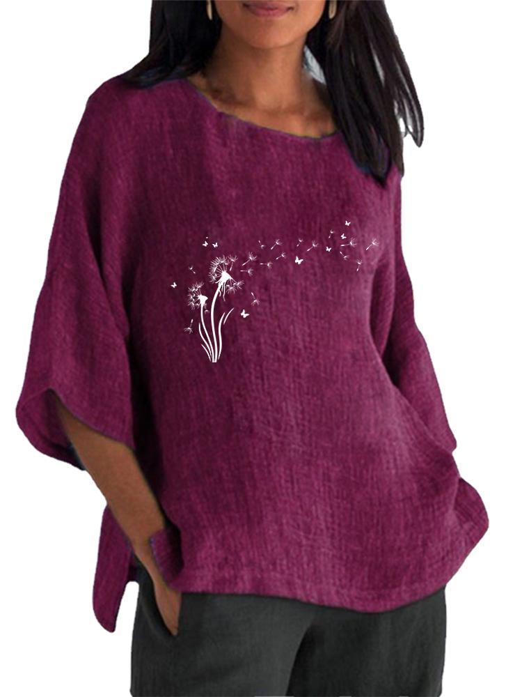 Women Fashion Cotton Linen Blouse Spring&summer 3/4 Long Sleeve Shirt Ladies Round Collar Pullover Loose Tops