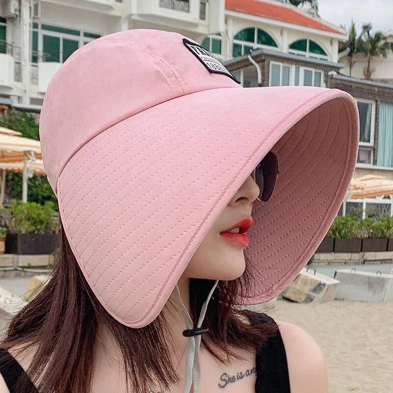 Women Summer Hat Big Brim Adjustable Anti-UV Protection Fisherman Hat Foldable Beach Sun Hats Empty Top Hat Ponytail Hat Travel