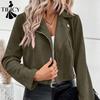 Moda mujer Casual Color sólido estampado Otoño Invierno manga larga cuello POLO chaquetas y abrigos