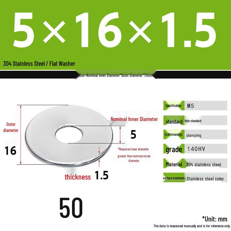 304 Stainless Steel Thickened Flat Washer Set, Sizes 2-36