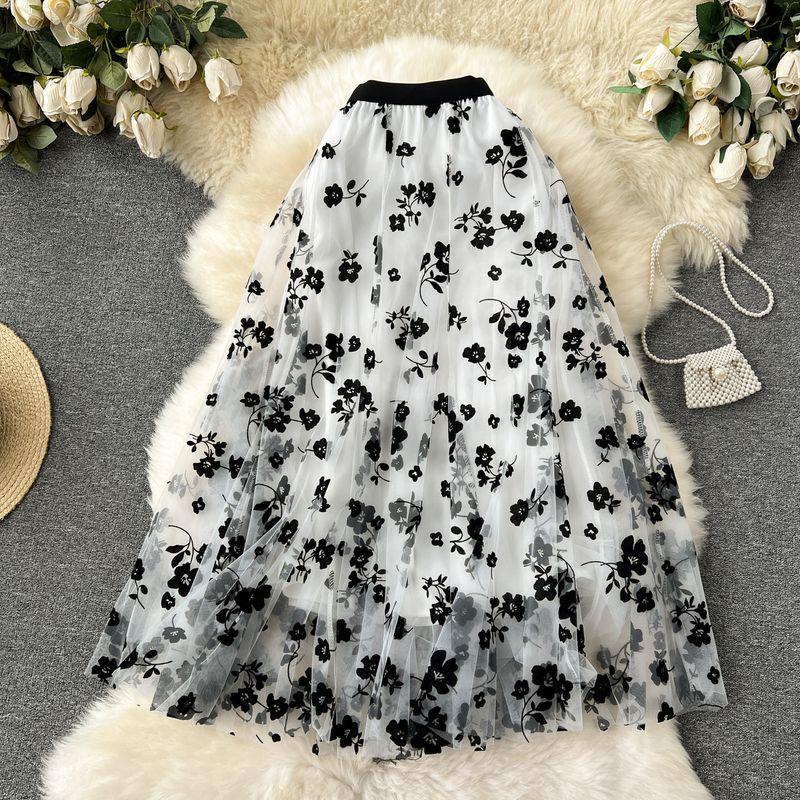 

Юбка-миди с сердечками в французском ретро-стиле, длинная, сетчатая White flowers One size