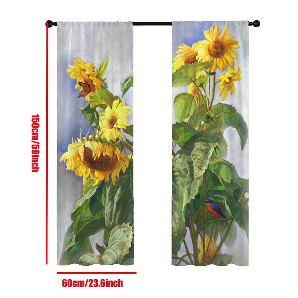 Glamourozowe zasłony okienne z nadrukiem słoneczników do salonu i sypialni - Kieszeń na karnisz Półprzezroczyste w stylu vintage Dekoracja domu