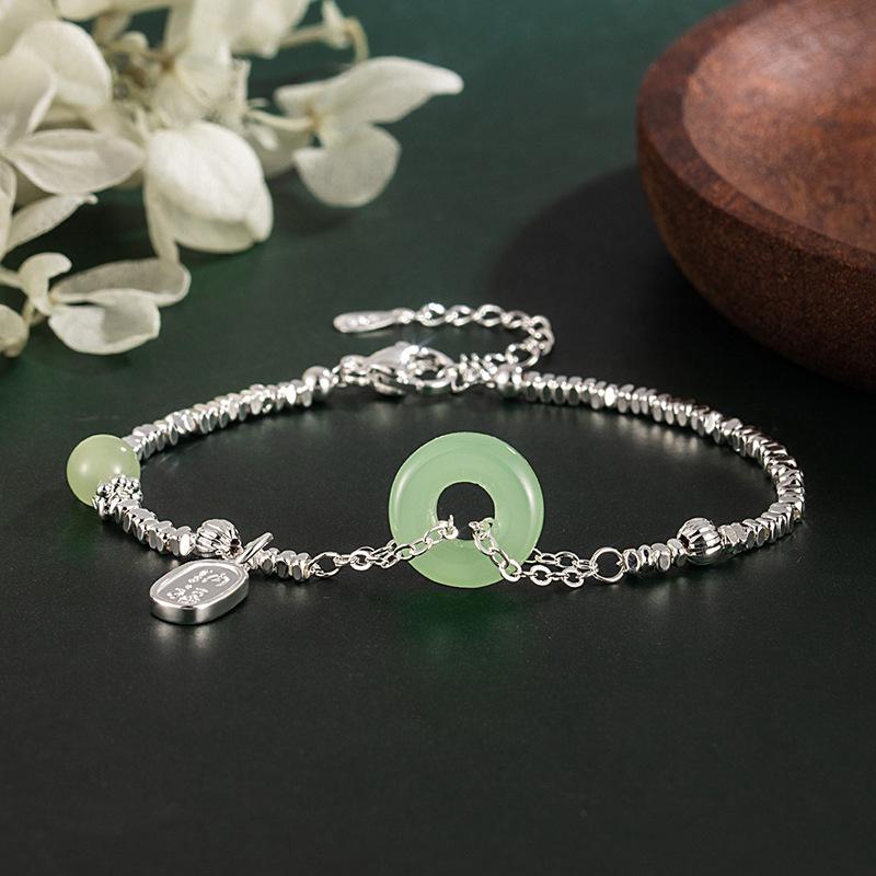Bracelet Women Give Girlfriends Birthday Gifts, National Style Retro Design Raw Imitation Chalcedony Safety Buckle Broken Silver Niche Jade