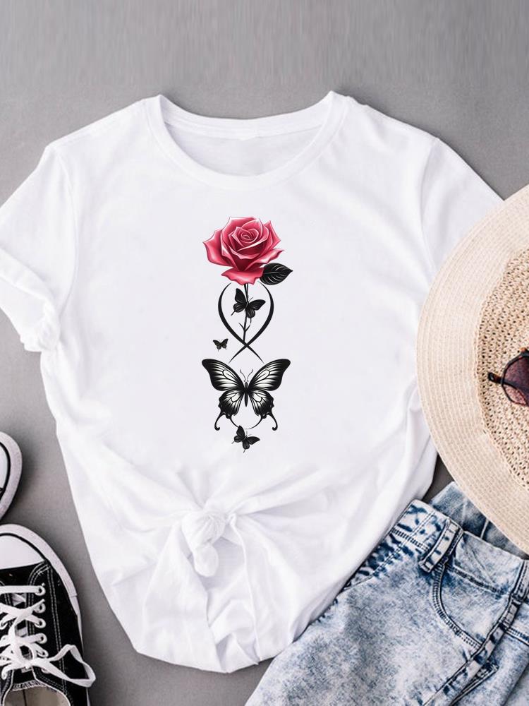 (Asian Size) Casual Women's Top Print flower style trend Short Sleeve T-shirts T Clothing O-neck Fashion Female Graphic Tee