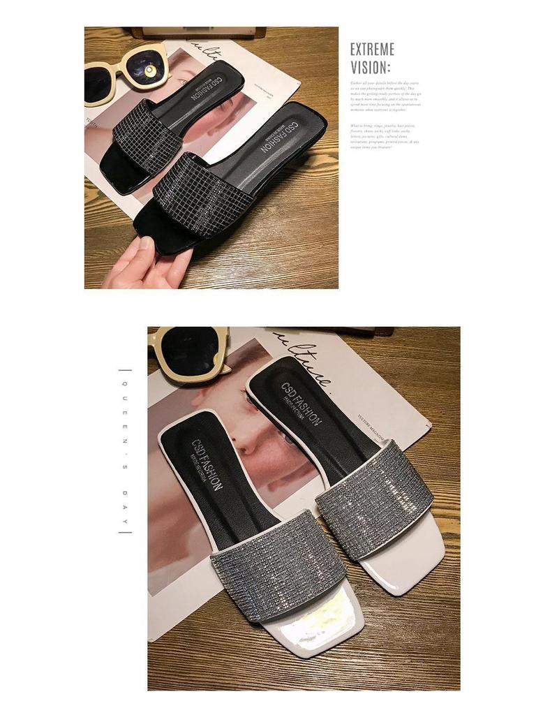 Women's Summer 2019 Rhinestone Flat Sandals - Trendy Korean-Style One-Line Slippers
