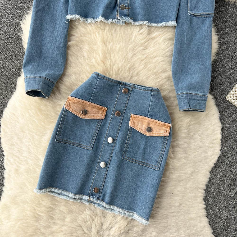 Contrast Color Two-Piece Suit Women's Autumn Denim Short Coat High Waist Bag Hip Skirt