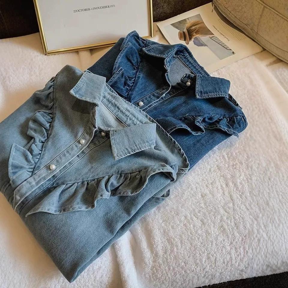Spring and Autumn Korean Version Sweet Ruffled Denim Shirt for Women, Loose and Slimming Long Sleeved Top, Base Shirt