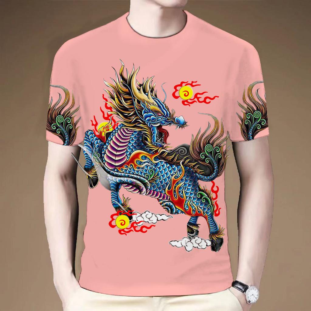 Summer 3D Printed T-shirt Retro Kirin Beast Series Men's Personalized Creative Round Neck Large Short Sleeve