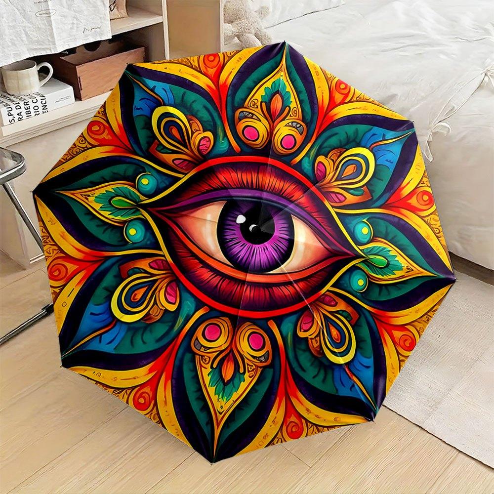 

Automatic Folding Umbrella with Mandala Eye & Iris Design - 8-Rib Compact Portable Self-Opening/ Closing, Multicolor (Green/Ye Iron&8K