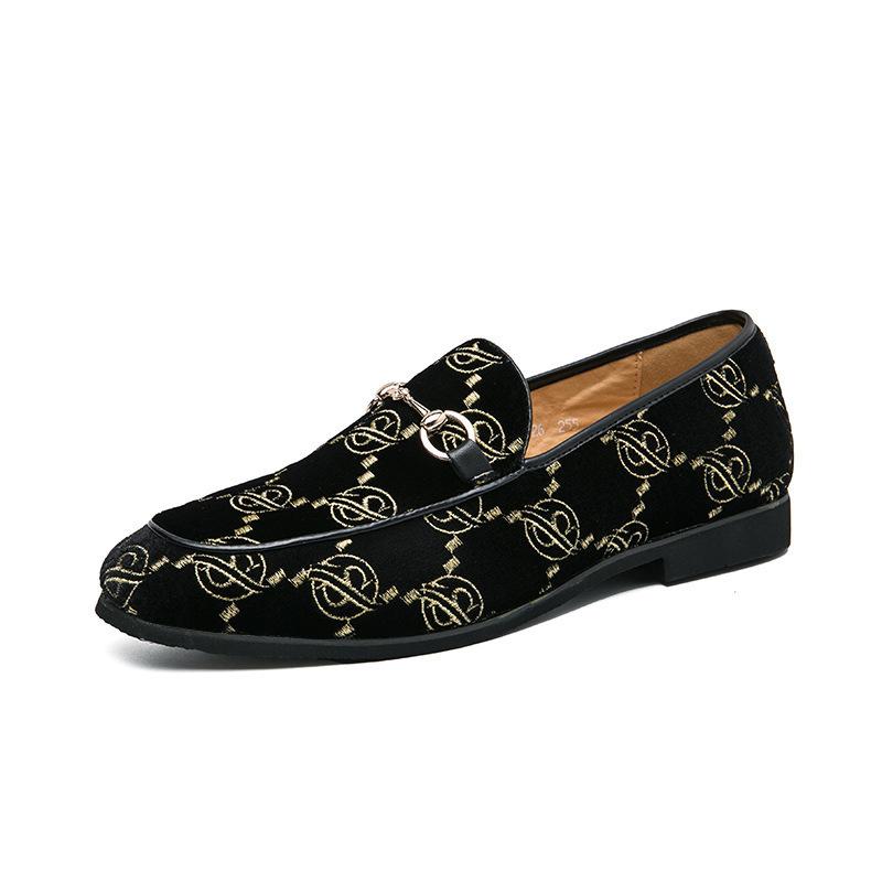Independent Station European and American Fashion Embroidered Loafers Men's British Style Large Size Solid Color Horse Tip Buckle Leather Shoes